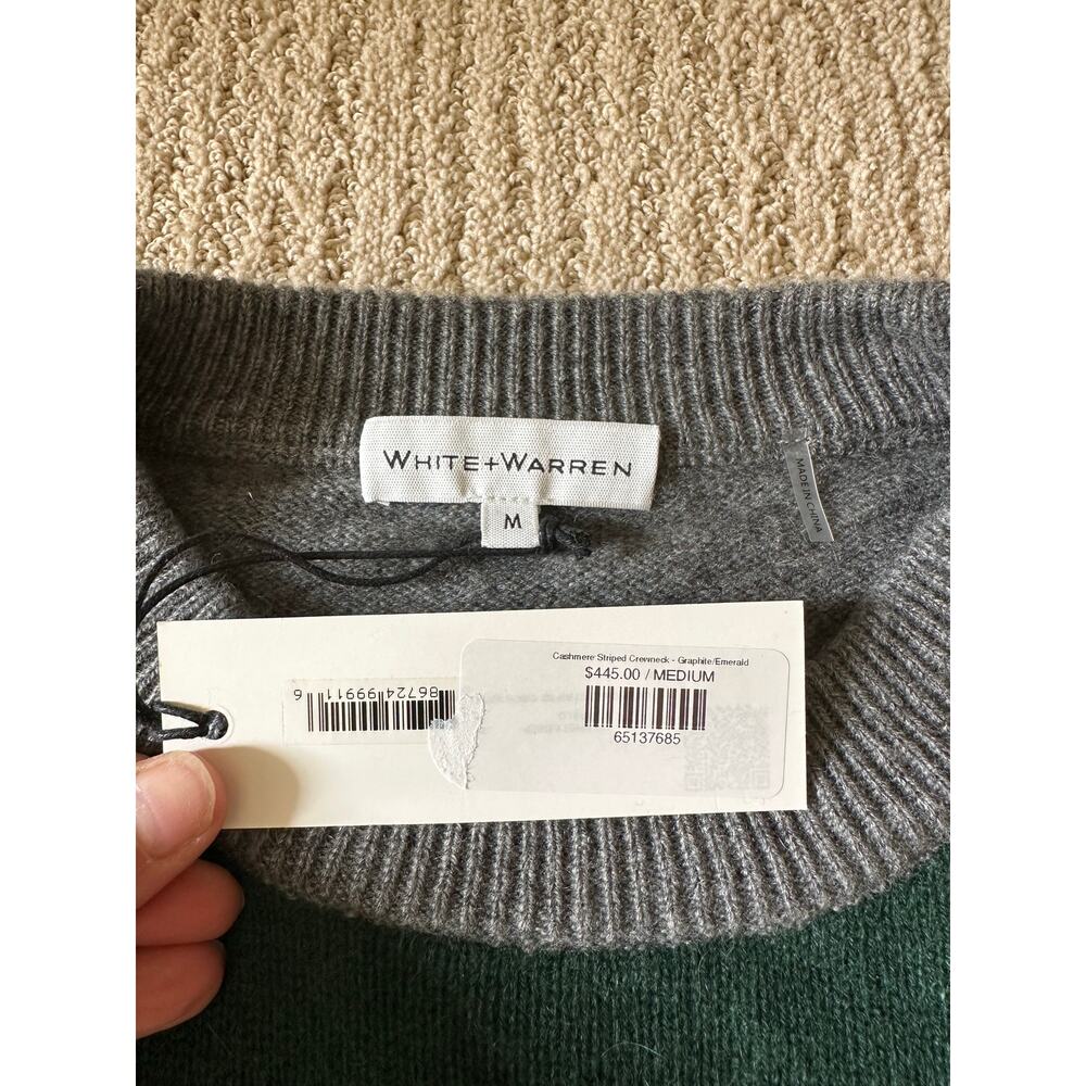 White + Warren Cashmere Stripped Crewneck Graphite/Emerald Medium NWT - Picture 7 of 10